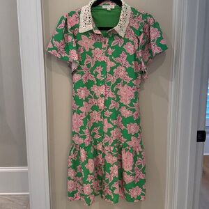 Green and Pink Floral Dress with Lace Collar